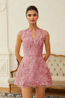 Nanna Pink Floral Applique V - Neck Mini Dress - Aura Muse