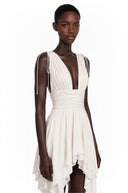 Narcissa Ivory Asymmetrical Ruched Mini Dress - Aura Muse