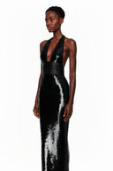 Narcisse Black Plunge Neck Halterneck Sequin Maxi Dress - Aura Muse