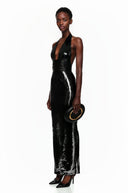 Narcisse Black Plunge Neck Halterneck Sequin Maxi Dress - Aura Muse
