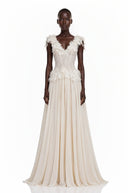 Néomie Ivory V-Neck Ruffled Maxi Dress with Lace Trim - Aura Muse