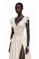 Néomie Ivory V-Neck Ruffled Maxi Dress with Lace Trim - Aura Muse