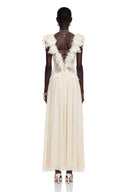 Néomie Ivory V-Neck Ruffled Maxi Dress with Lace Trim - Aura Muse