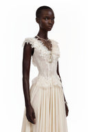 Néomie Ivory V-Neck Ruffled Maxi Dress with Lace Trim - Aura Muse
