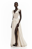 Néomie Ivory V-Neck Ruffled Maxi Dress with Lace Trim - Aura Muse