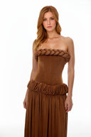 Núria Brown Ruched Maxi Dress with Braid Detail - Aura Muse