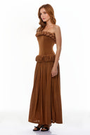 Núria Brown Ruched Maxi Dress with Braid Detail - Aura Muse