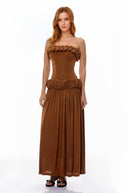 Núria Brown Ruched Maxi Dress with Braid Detail - Aura Muse