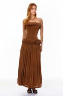 Núria Brown Ruched Maxi Dress with Braid Detail - Aura Muse