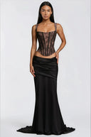 Oriol Black Lace Top & Ruched Skirt Set - Aura Muse