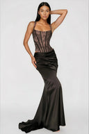 Oriol Black Lace Top & Ruched Skirt Set - Aura Muse
