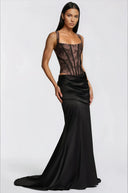 Oriol Black Lace Top & Ruched Skirt Set - Aura Muse
