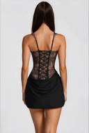 Oriol Black Ruched Mini Dress with Lace Panels - Aura Muse