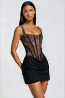 Oriol Black Ruched Mini Dress with Lace Panels - Aura Muse