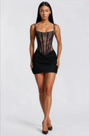 Oriol Black Ruched Mini Dress with Lace Panels - Aura Muse