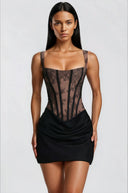 Oriol Black Ruched Mini Dress with Lace Panels - Aura Muse