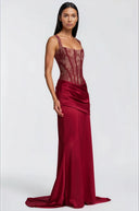 Oriol Red Lace Top & Ruched Skirt Set - Aura Muse