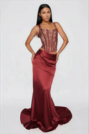 Oriol Red Lace Top & Ruched Skirt Set - Aura Muse