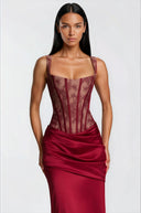 Oriol Red Lace Top & Ruched Skirt Set - Aura Muse
