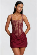 Oriol Red Ruched Mini Dress with Lace Panels - Aura Muse