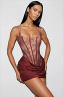 Oriol Red Ruched Mini Dress with Lace Panels - Aura Muse