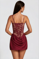 Oriol Red Ruched Mini Dress with Lace Panels - Aura Muse