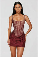 Oriol Red Ruched Mini Dress with Lace Panels - Aura Muse