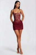 Oriol Red Ruched Mini Dress with Lace Panels - Aura Muse