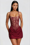 Oriol Red Ruched Mini Dress with Lace Panels - Aura Muse
