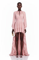 Ottilie Pink Ruffled Asymmetrical Maxi Dress - Aura Muse