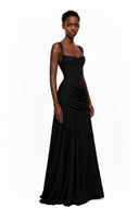 Paulene Black Square Neck Ruched Maxi Dress - Aura Muse