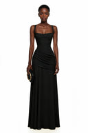 Paulene Black Square Neck Ruched Maxi Dress - Aura Muse