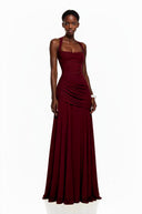 Paulene Red Square Neck Ruched Maxi Dress - Aura Muse