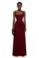Paulene Red Square Neck Ruched Maxi Dress - Aura Muse