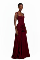 Paulene Red Square Neck Ruched Maxi Dress - Aura Muse