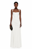 Paulene White Square Neck Ruched Maxi Dress - Aura Muse
