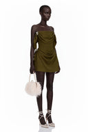 Pauline Olive Green Ruched Mini Dress with Metal Hardware - Aura Muse