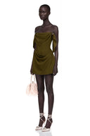 Pauline Olive Green Ruched Mini Dress with Metal Hardware - Aura Muse