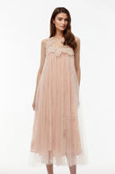Pélagie Blush Pink Floral Embroidered Midi Dress - Aura Muse