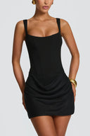 Pénélope Black Ruched Bodycon Mini Dress - Aura Muse