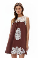 Persephone Chocolate Brown Cut-Out Mini Dress with Lace Panels - Aura Muse