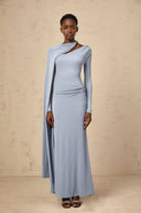 Phoebe Blue Diagonal Shawl Fitted Maxi Dress - Aura Muse