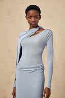 Phoebe Blue Diagonal Shawl Fitted Maxi Dress - Aura Muse