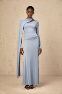 Phoebe Blue Diagonal Shawl Fitted Maxi Dress - Aura Muse