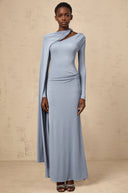 Phoebe Blue Diagonal Shawl Fitted Maxi Dress - Aura Muse