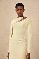 Phoebe Yellow Diagonal Shawl Fitted Maxi Dress - Aura Muse