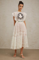 Placidia White Jacquard Floral-lace Pleated Midi Dress - Aura Muse