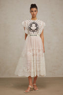 Placidia White Jacquard Floral-lace Pleated Midi Dress - Aura Muse