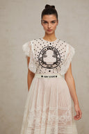 Placidia White Jacquard Floral-lace Pleated Midi Dress - Aura Muse