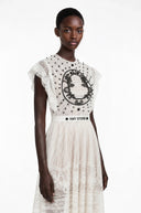 Placidia White Jacquard Floral-lace Pleated Midi Dress - Aura Muse
